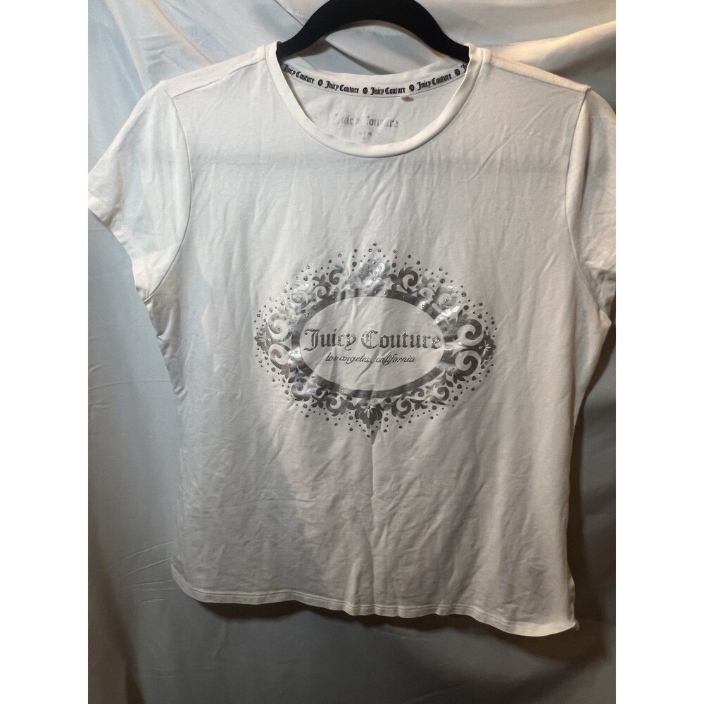 Juicy Couture Silver Glitter Logo TShirt Y2K Glam McBling Streetwear Top Shirt L